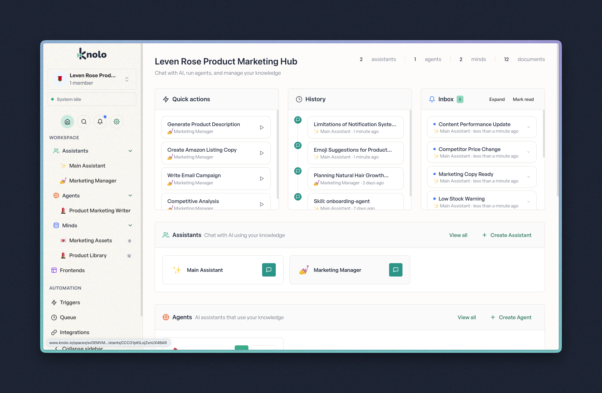 Knolo dashboard with spaces, minds, agents, and triggers