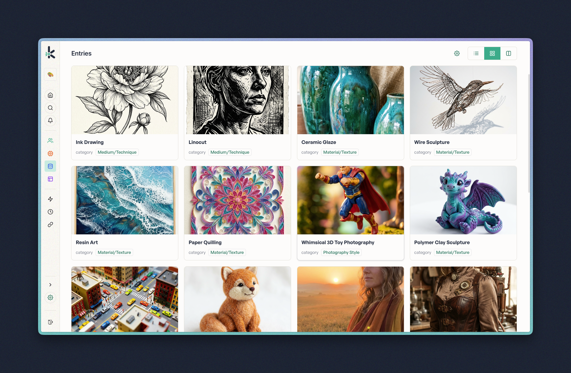 A Mind knowledge base shown as a grid of structured entries